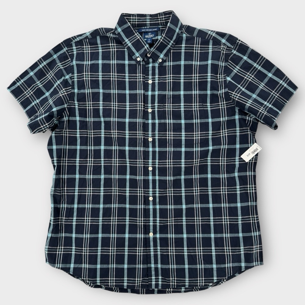 Old Navy Button Down Shirt Mens XXL Slim Fit Blue Plaid Short Sleeve NWT